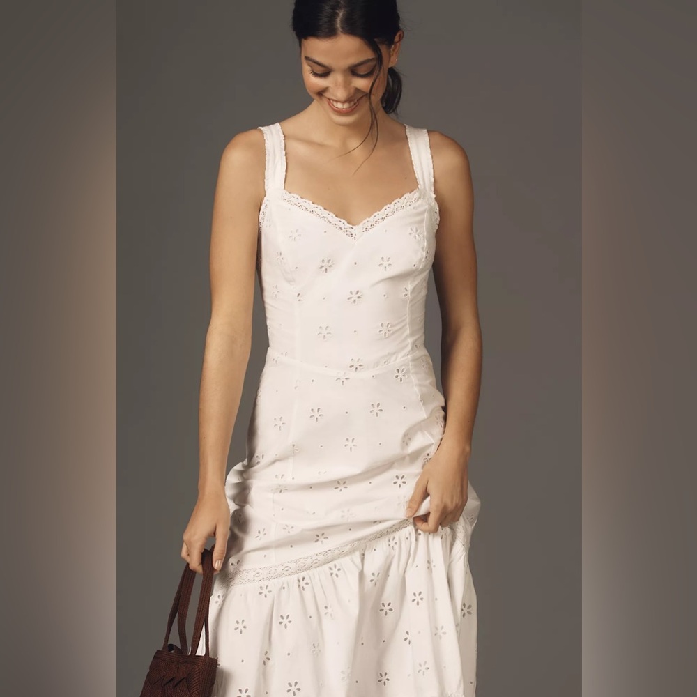 PAIGE Pallas White Eyelet Midi Dress Sweetheart Neck Size 2
